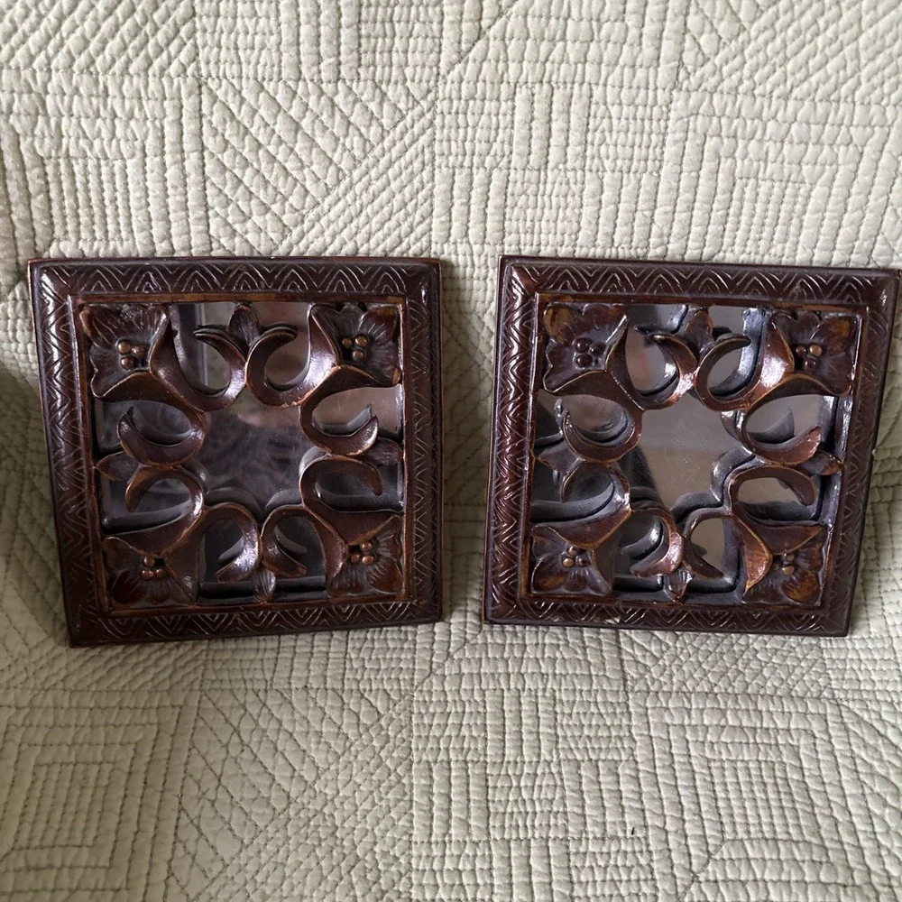 Set Bronze Color Mirrored Wall Plaques w/Floral Scrollwork Boho MCM 5.5